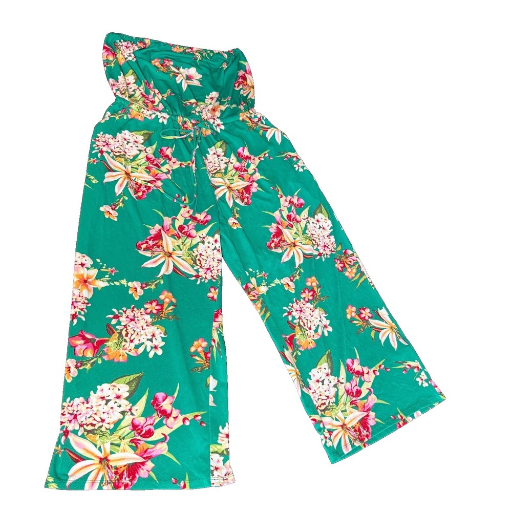 Strapless Floral Jumpsuit Wide Leg Boho Tropical Summer Women Stretch L green